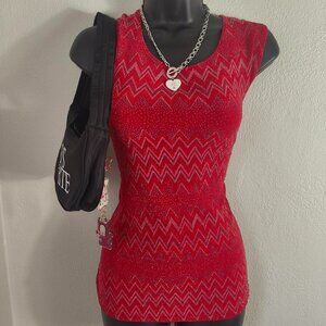 Vintage 90s Red Silver Geometric Abstract Sparkly Stretchy Tanktop Angela XL